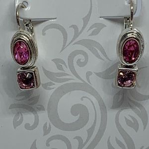 Two pink crystals silver tone lever back earring